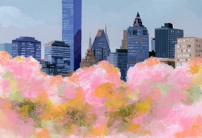 New York en kersenbloesems door Hiroyuki Izutsu