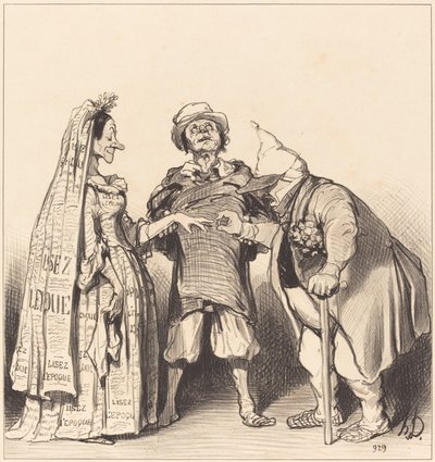 Huwelijk van de Tijd en de Constitutionele door Honoré Daumier