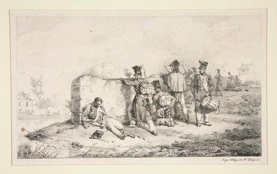 Soldaten in tirailleursformatie door Emile Jean Horace Vernet