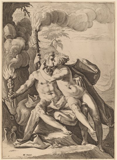 Eros en Anteros door Jacob Matham after Hendrik Goltzius