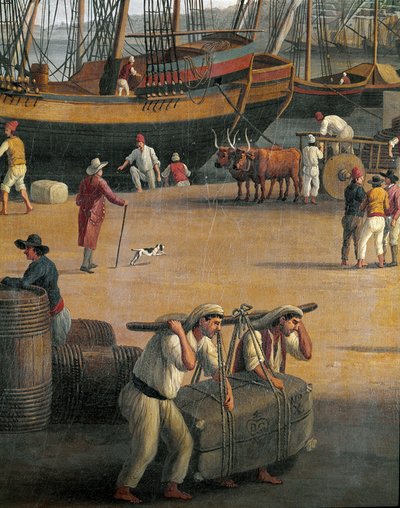 Uitzicht op de haven van Messina, arbeiders door Jacob Philippe Hackert