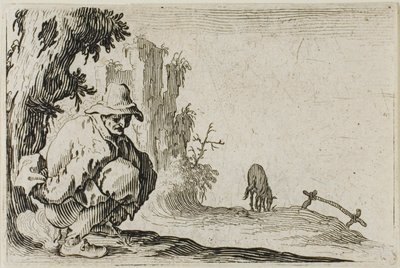 De hurkende boer, uit De Caprices door Jacques Callot