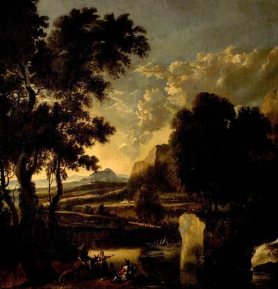 Landschap met figuren op de voorgrond door Jan Hackaert