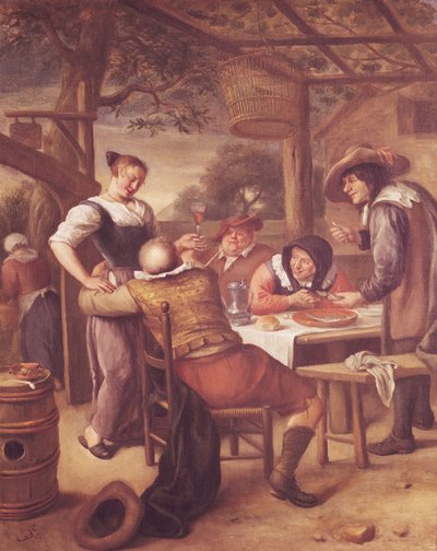 Vrolijk Gezelschap onder een Kribbe door Jan Havickszoon Steen