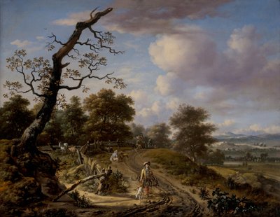 Heuvelachtig landschap met een valkenjacht door Jan Wijnants