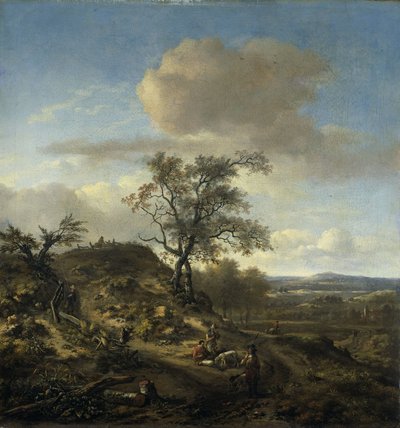 Landschap met een jager en andere figuren door Jan Wijnants