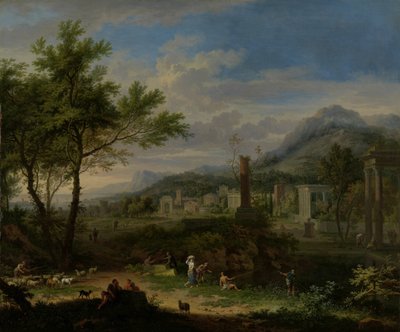 Arcadisch landschap met vissers door Jan van Huysum