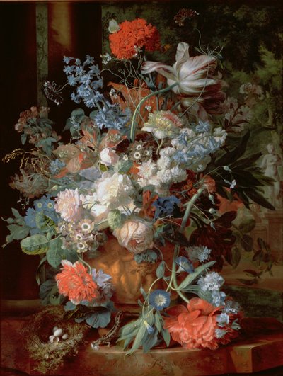 Boeket bloemen in een landschap door Jan van Huysum