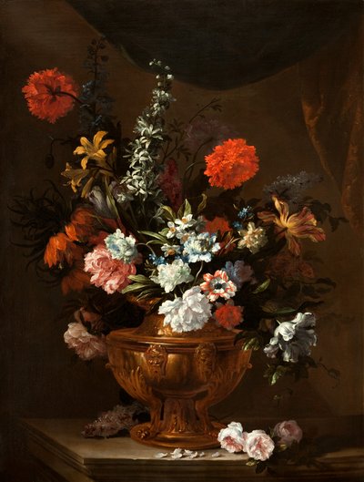 Bloemen in een gebeeldhouwde vaas door Jean Baptiste Monnoyer