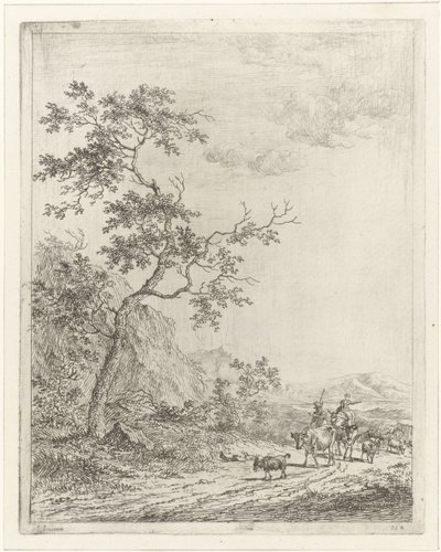 Bergachtig landschap met herder, herderin en vee door Johannes Janson