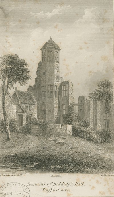 Biddulph Hall (oud) (staalgravure) door John Buckler