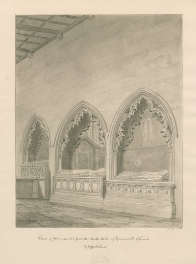 Tamworth Kerk - Monumenten: sepia tekening door John Buckler