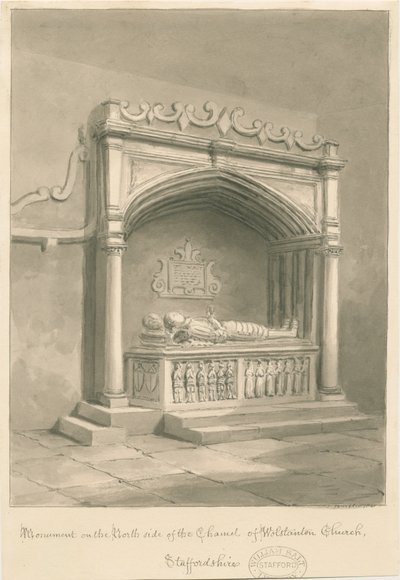 Wolstanton Kerk - Monument: sepia wassing tekening door John Buckler