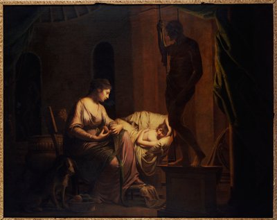 Penelope die haar web ontrafelt door Joseph Wright of Derby