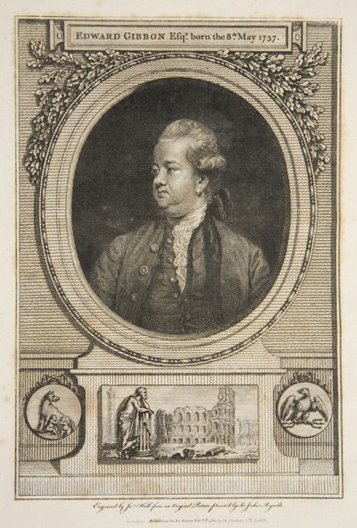 Edward Gibbon, Esq., uitgegeven 1730 (gravure) door Joshua (after) Reynolds