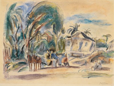 Landschap, huizen en bomen door Jules Pascin