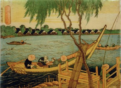 Vissen met lange hengel in de rivier Miyato door Katsushika Hokusai