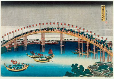 Processie over een brug door Katsushika Hokusai