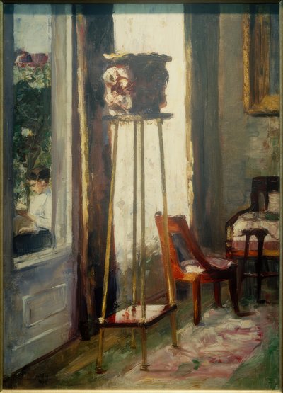 Interieur (Interieurscène en lezende vrouw) door Lesser Ury