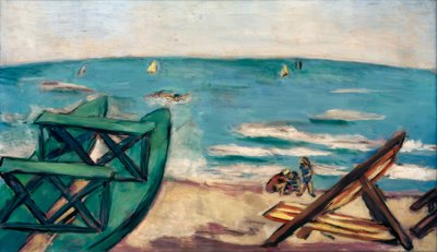 Strand met boot en ligstoel door Max Beckmann