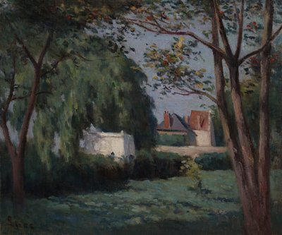 Landschap met drie huizen en bomen door Maximilien Luce