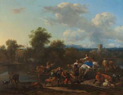 De veerpont door Nicolaes Pietersz Berchem