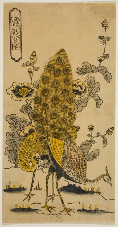 Stokrozen en pauwen (Aoi ni kujaku) door Nishimura Shigenobu