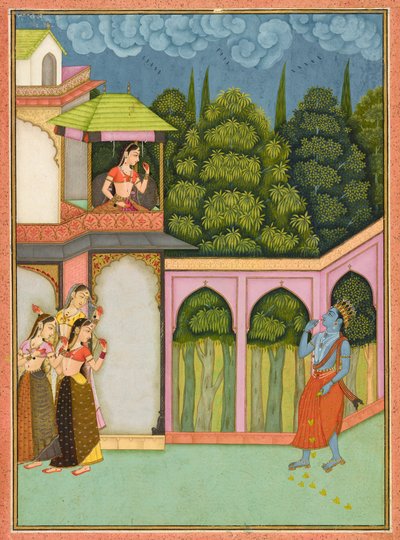 Krishna nadert Radha, folio uit een Rasikpriya door Nuruddin