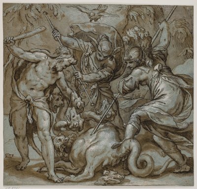 Hercules, Mercurius en Minerva die de Hydra doden door Paolo Farinati