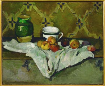 Stilleven (Aardewerk, kopje en fruit) door Paul Cézanne