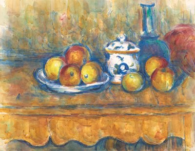 Stilleven met blauwe fles, suikerpot en appels door Paul Cézanne