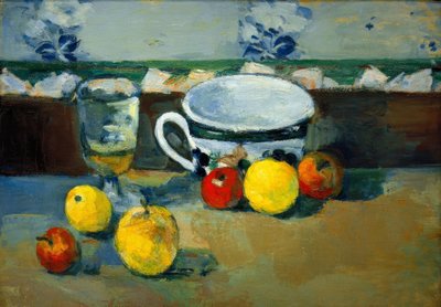 Kopje, glas en fruit II door Paul Cézanne