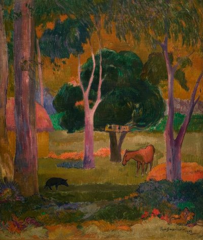 Landschap met varken en paard door Paul Gauguin