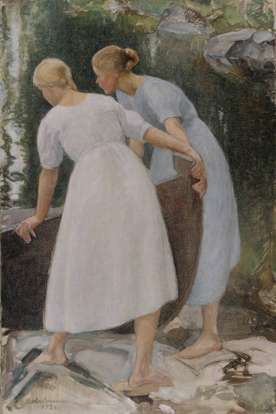 Meisjes die een boot duwen, 1925 door Pekka Halonen