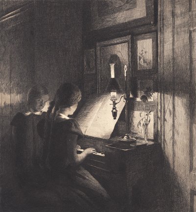 Twee kleine meisjes bij een piano door Peter Vilhelm Ilsted