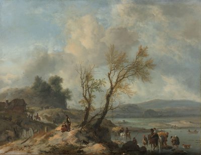 Landschap met zanderig pad langs een rivier door Philips Wouwerman