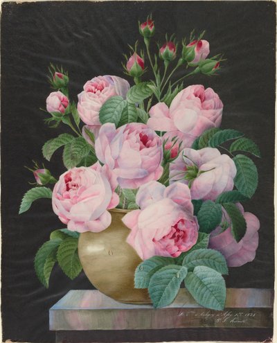 Roze rozen in een vaas door Pierre Joseph Redouté