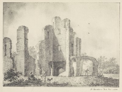 Landschap met ruïne en figuren door Pieter Bartholomeusz. Barbiers