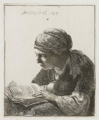 Lezende door Rembrandt van Rijn