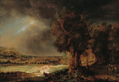 Landschap met de Barmhartige Samaritaan door Rembrandts skole