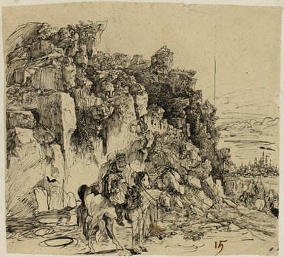 Bergachtig landschap met ruiters door Rodolphe Bresdin