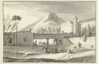 Bergachtig, Italiaans landschap met een rotunda kerk door Roelant Roghman