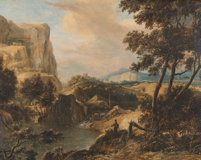 Berglandschap met visser door Roelant Roghman