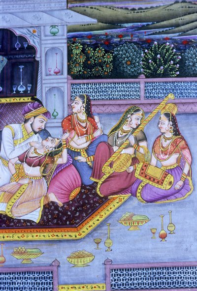 Mughal Miniatuurschilderij op Papier, Liefdesscène door School Indian