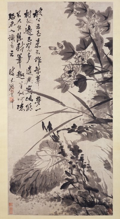 Hibiscus, Lotus en Rots, ca. 1705-7 door Shitao