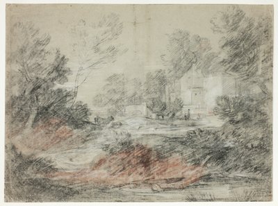 Landschap met gebouwen bij een stroom door Thomas Gainsborough