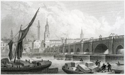 Oude London Bridge, vanuit Southwark, 1829 door Thomas Hosmer Shepherd