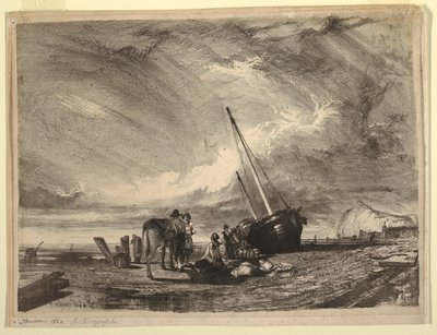 Gestrand vissersboot door Thomas Moran