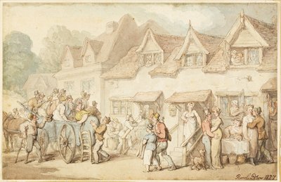 Koets wisselt paarden door Thomas Rowlandson