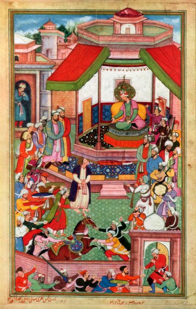 Abul-Fazl ibn Mubarak presenteert de Akbarnama aan Akbar door Unbekannt